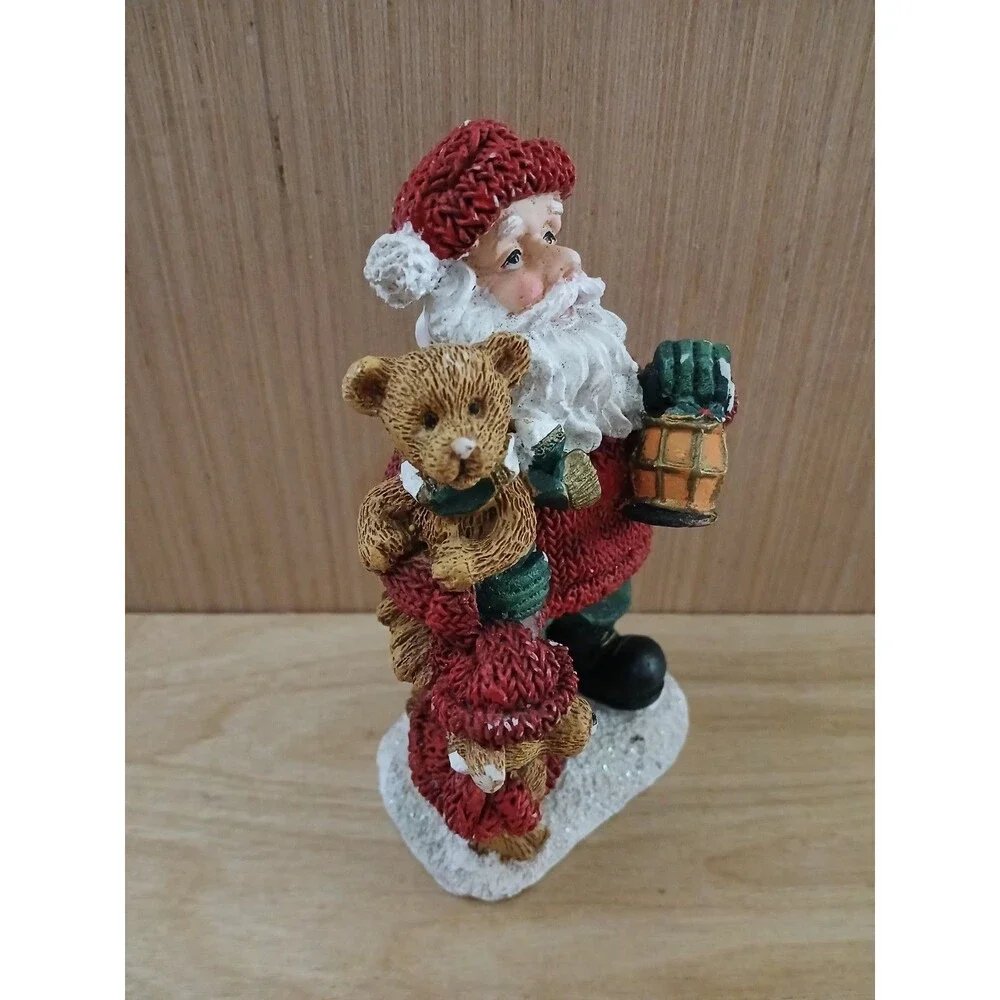 Santa Claus Christmas Figurine Holding Teddy Bear & Lantern Holiday Decoration